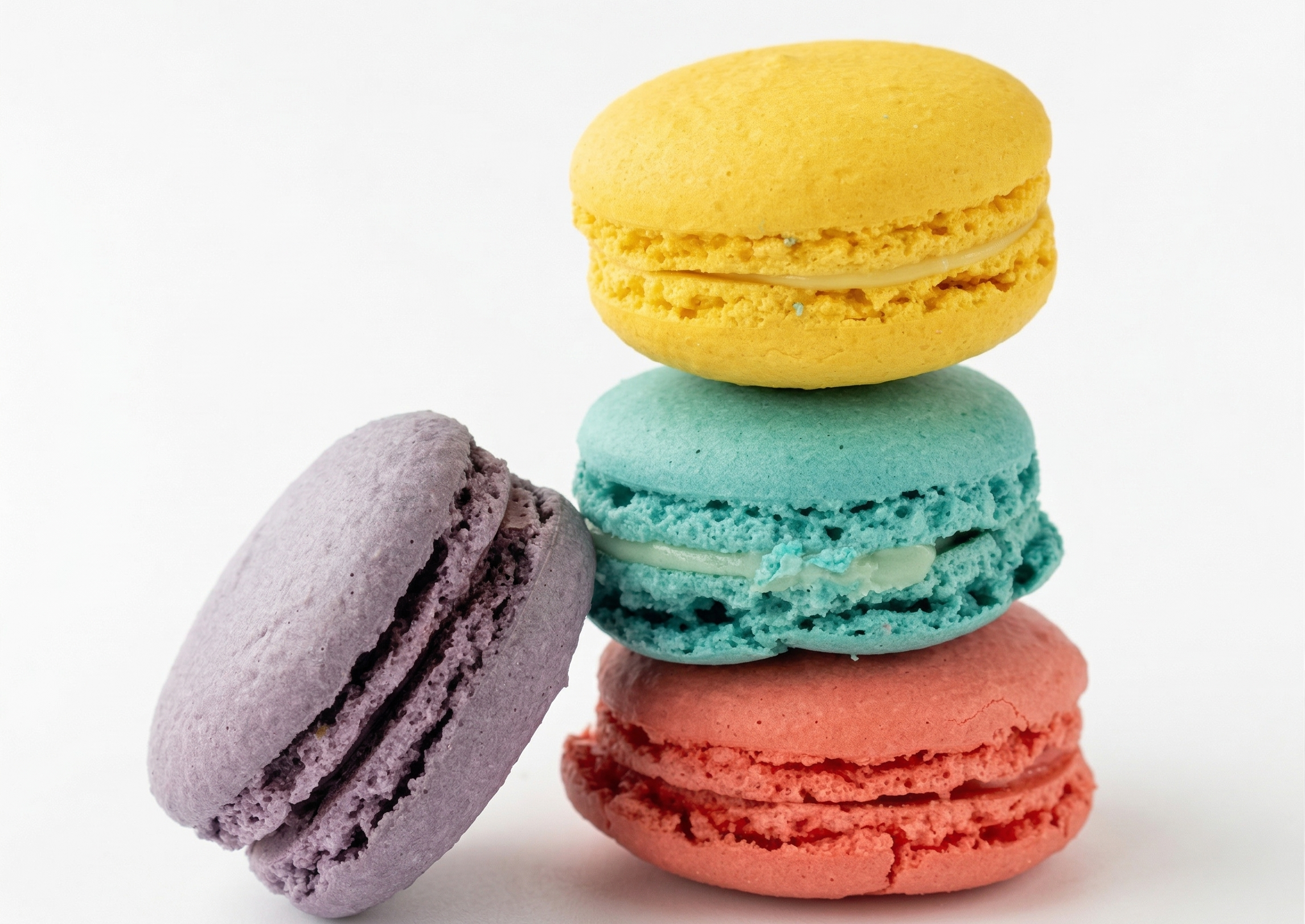 Colourful stack of assorted French macarons on a white background, featuring purple, yellow, blue, and pink macarons